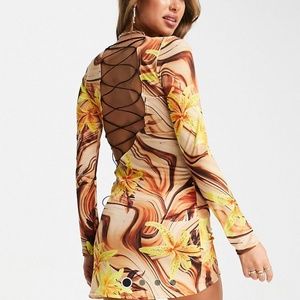 NWT! First Distraction asymmetric lace mini dress brown lilies 10 holiday party